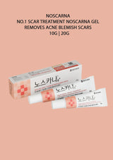 Noscarna scar treatment gel packaging on a pink background