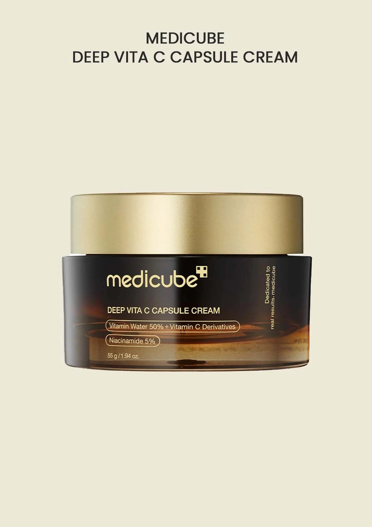 Medicube Deep Vita C Capsule Cream jar on a beige background