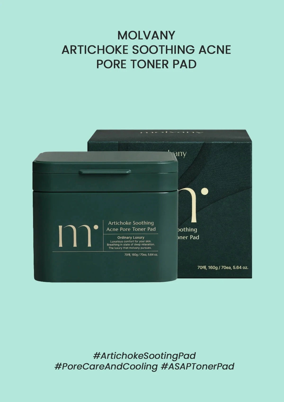 Molvany Artichoke Soothing Acne Pore Toner Pad packaging on a light blue background