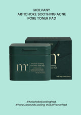 Molvany Artichoke Soothing Acne Pore Toner Pad packaging on a light blue background