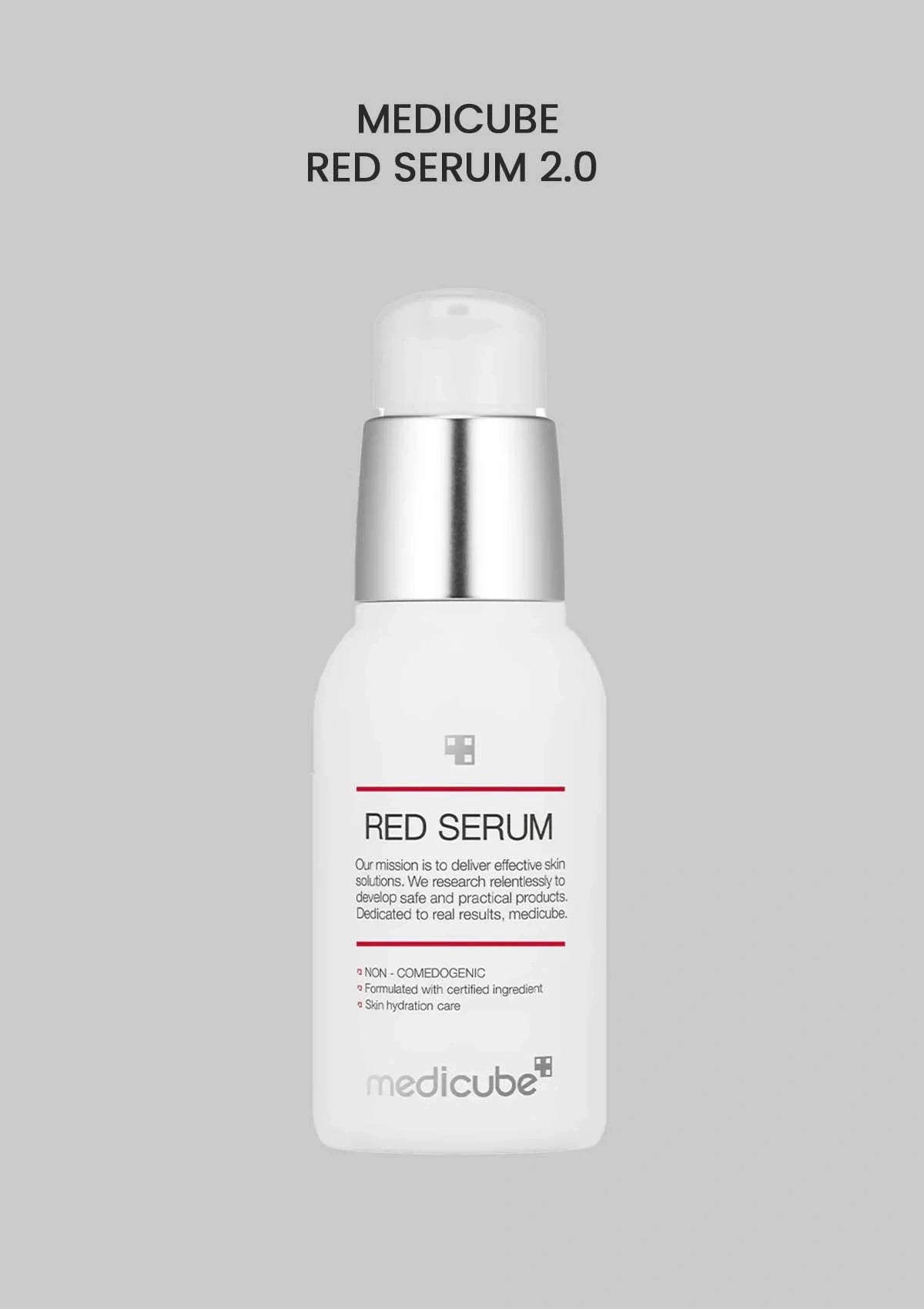 Medicube Red Serum 2.0 bottle on a gray background
