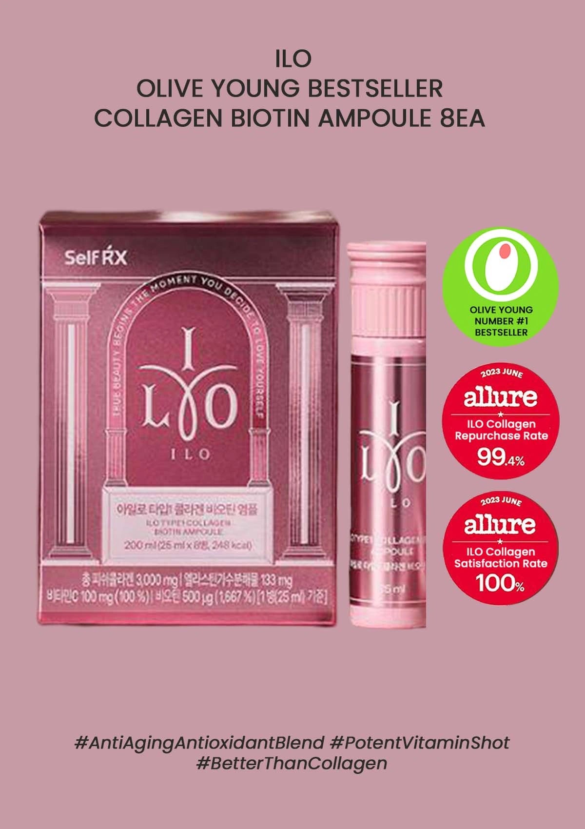 ILO collagen biotin ampoule packaging with box and bottle on a pink background