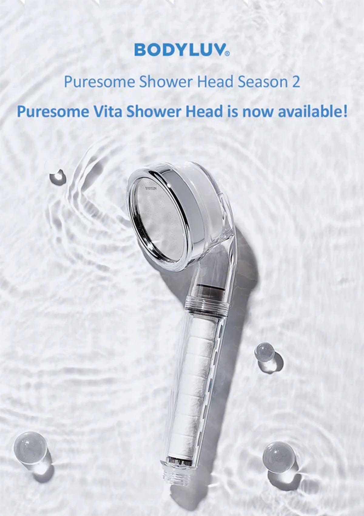 BODYLUV Puresome Shower Head Season 2 in a clear, transparent design with a chrome-finished head, displayed on a water-textured background with blue text overlays.
