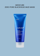 Blue tube of Medicube Zero Pore Blackhead Mud Mask on a light blue background
