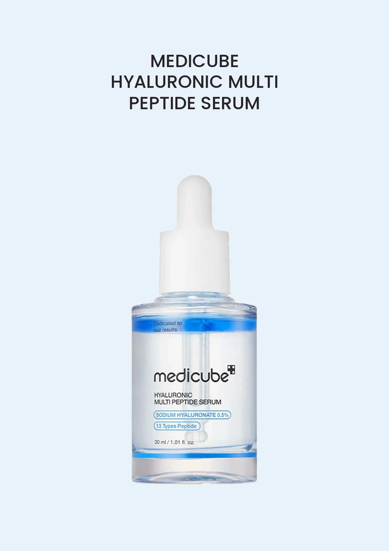 Medicube Hyaluronic Multi Peptide Serum 30ml bottle with a white dropper on a light blue background