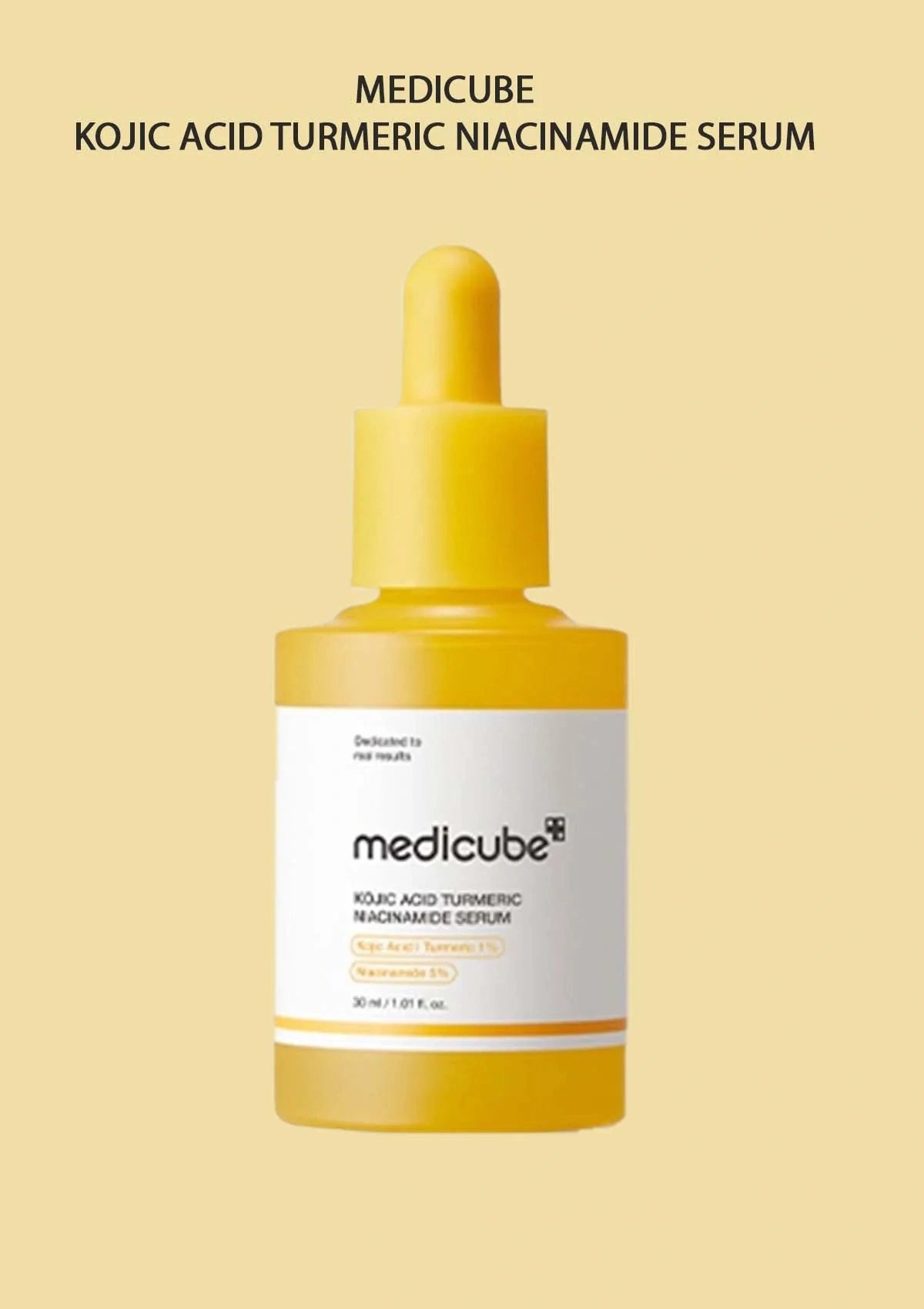 Medicube Kojic Acid Turmeric Niacinamide Serum bottle on a beige background
