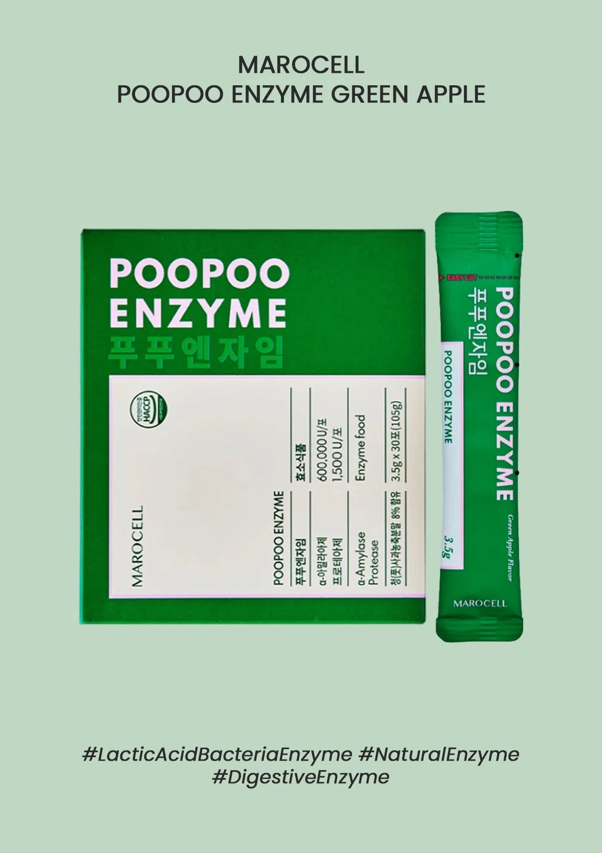 Marocell Poopoo Enzyme Green Apple packaging on a light green background