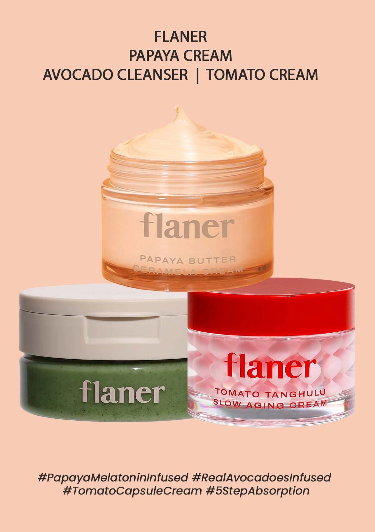 Three flaner skincare products on a beige background