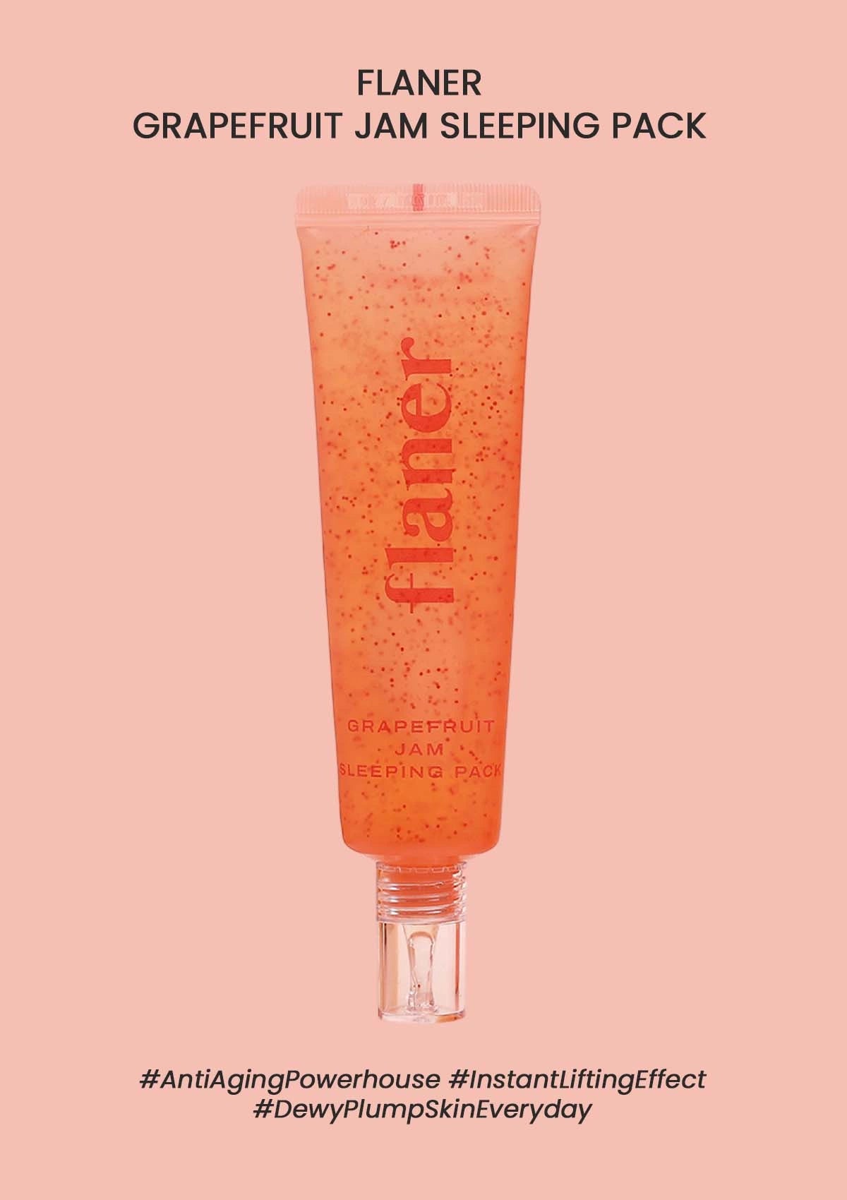 Flaner Grapefruit Jam Sleeping Pack on a pink background