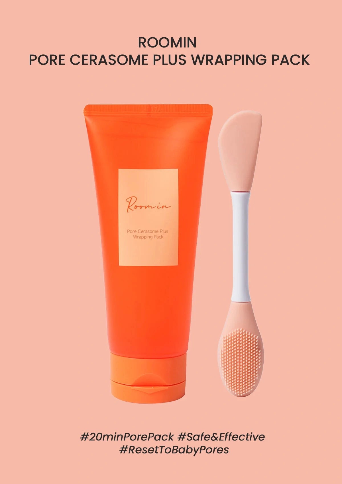 Orange tube of Roomin Pore Cerasome Plus Wrapping Pack with a applicator on a pink background