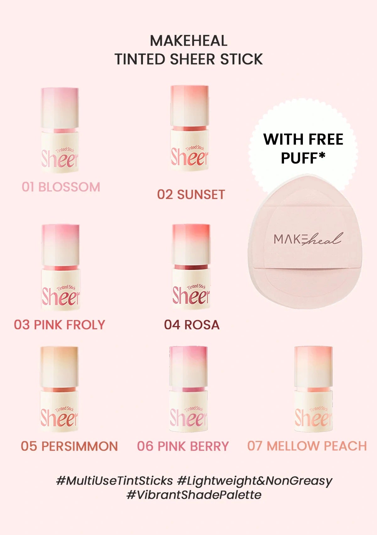 MAKEHEAL Tinted Sheer Stick with color options and free puff on a pink background