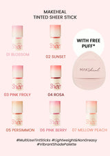 MAKEHEAL Tinted Sheer Stick with color options and free puff on a pink background