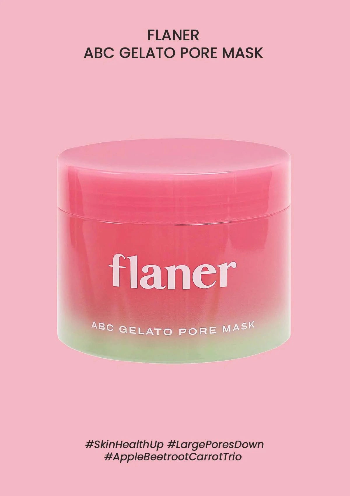 Pink gelato pore mask container with 'flaner' branding on a pink background