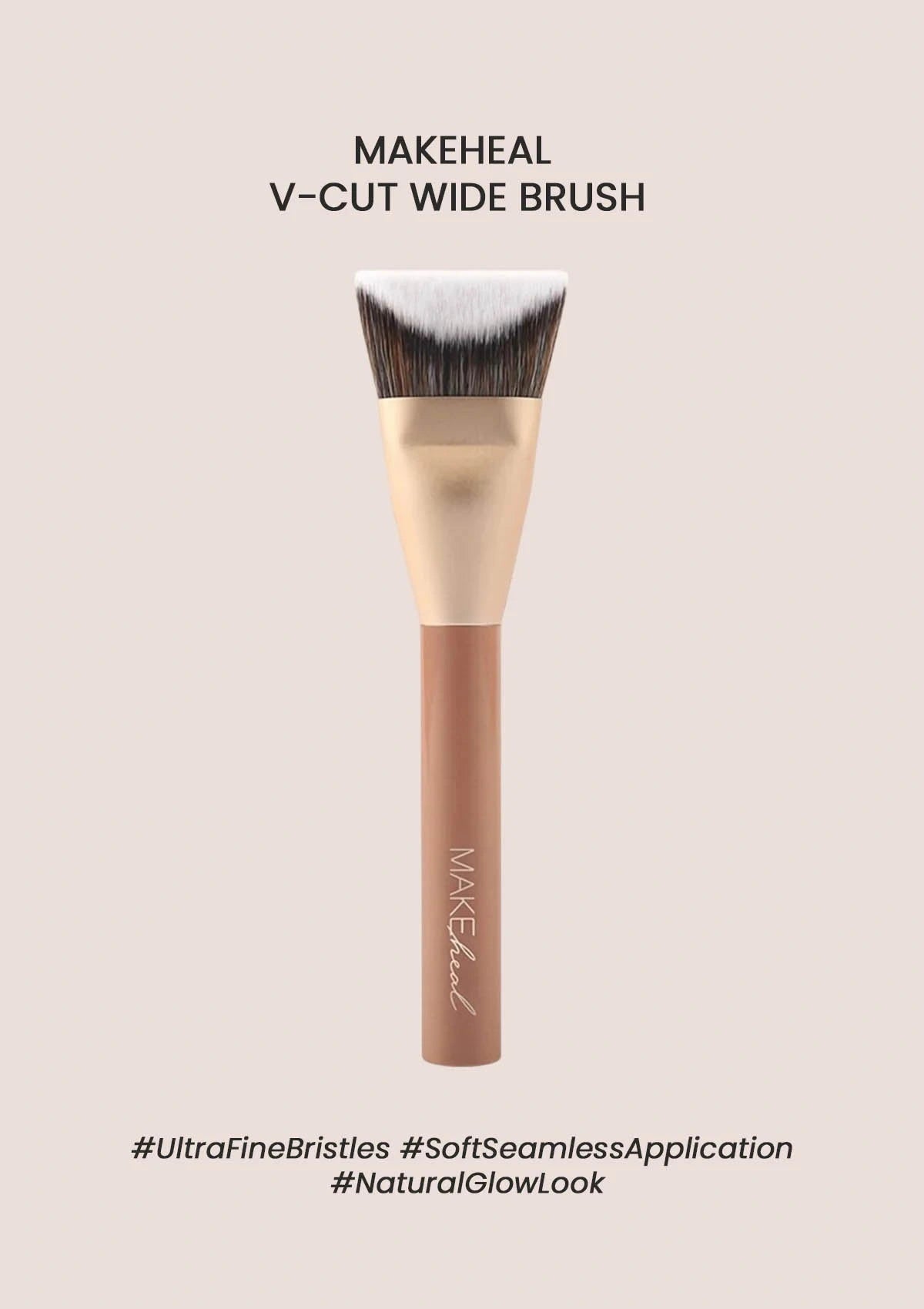 MAKEHEAL V-Cut Wide Brush with branding and product features on a beige background