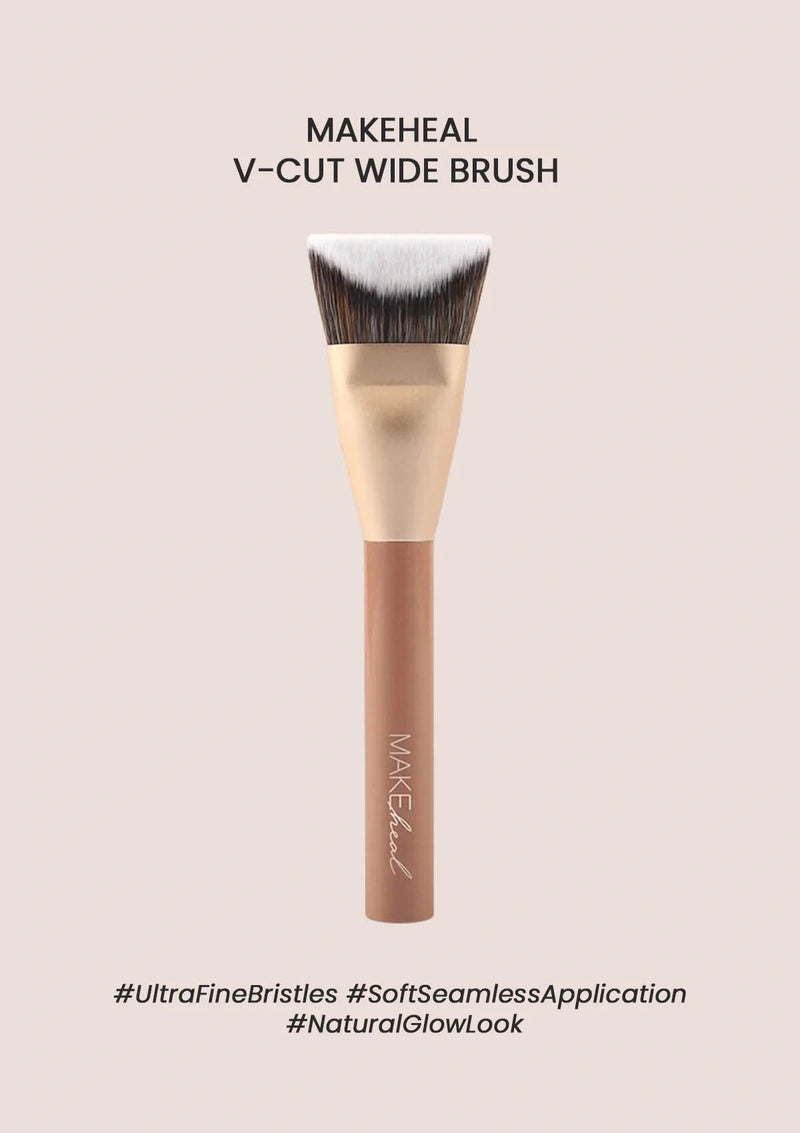 MAKEHEAL V-Cut Wide Brush with branding and product features on a beige background