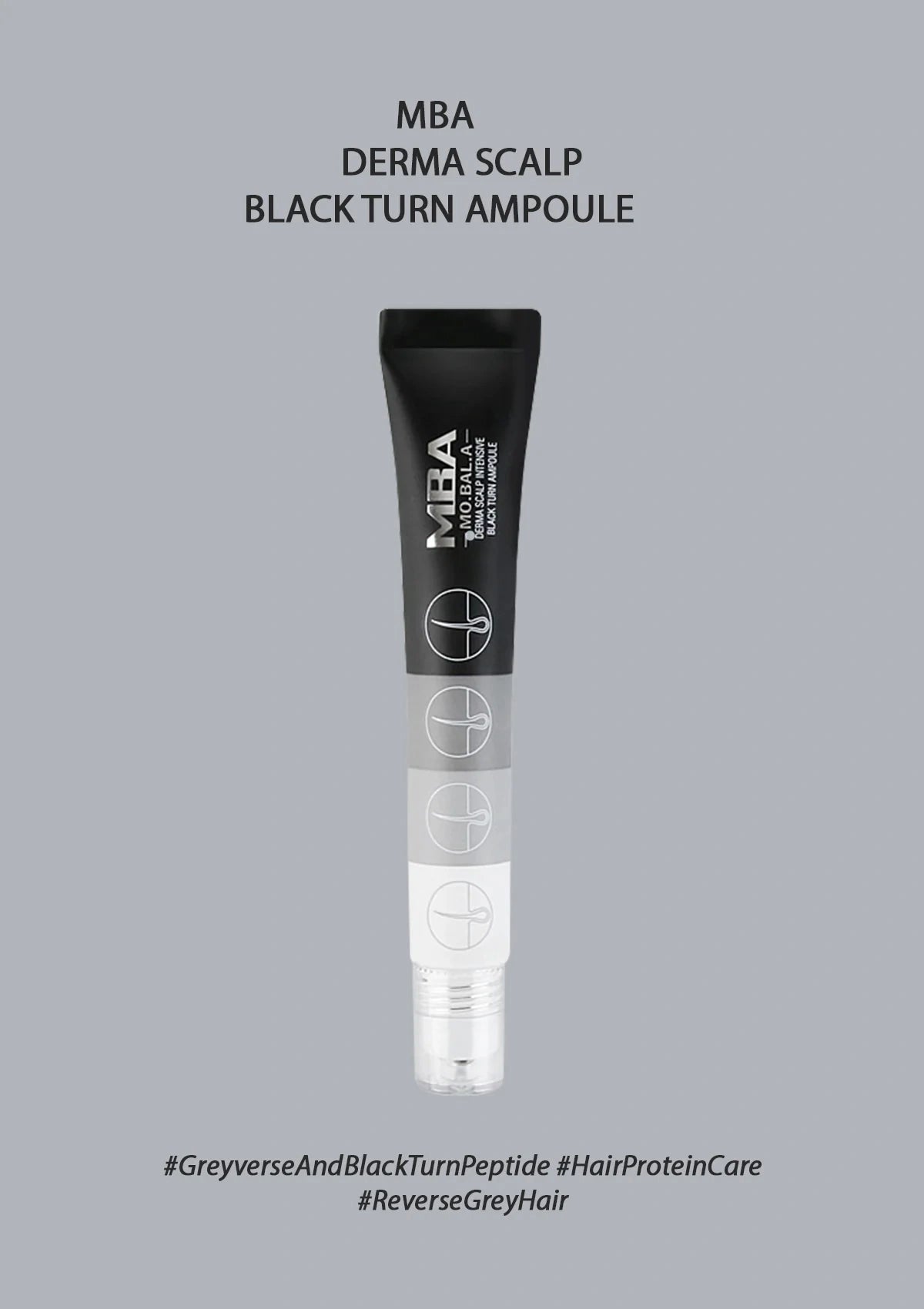 Black ampoule bottle with 'MBA' branding on a gray background