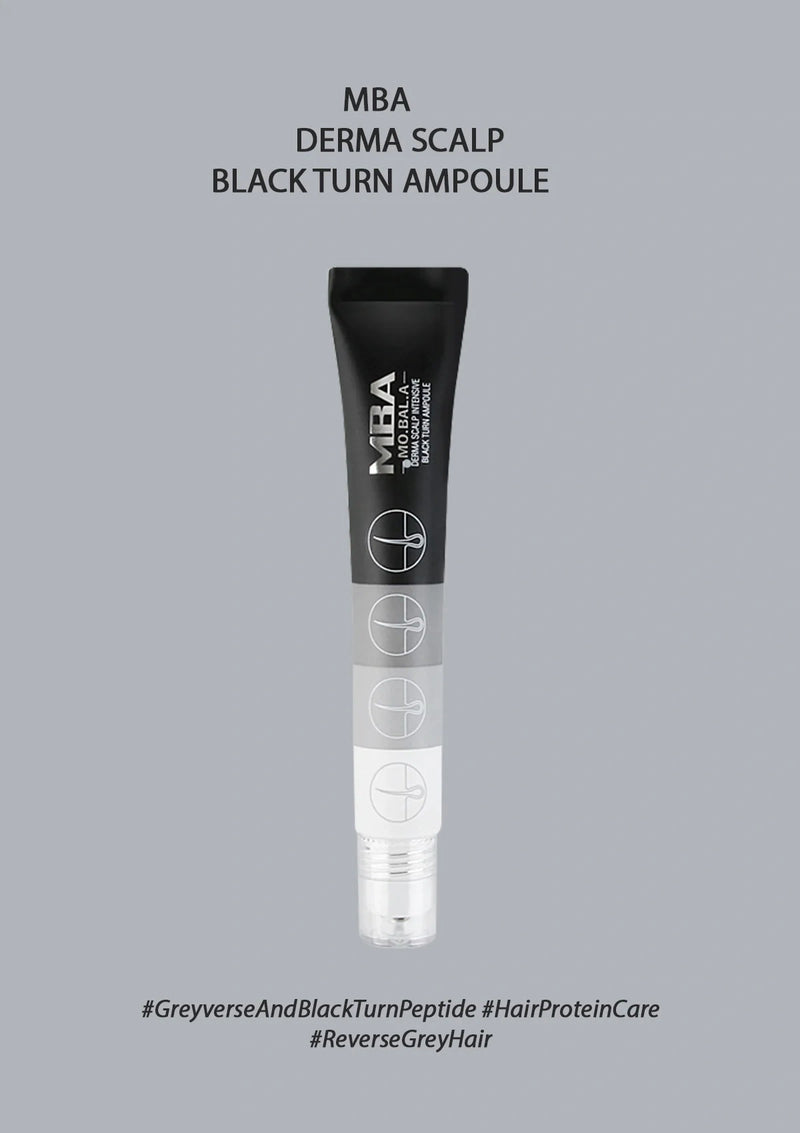 Black ampoule bottle with 'MBA' branding on a gray background