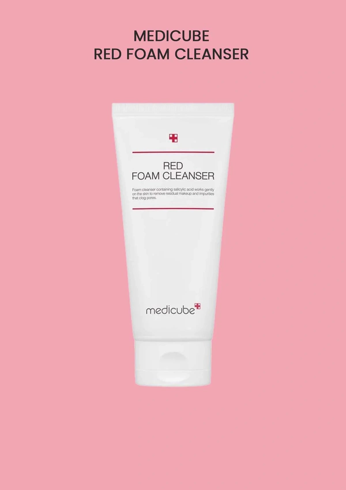 Medicube Red Foam Cleanser tube on a pink background