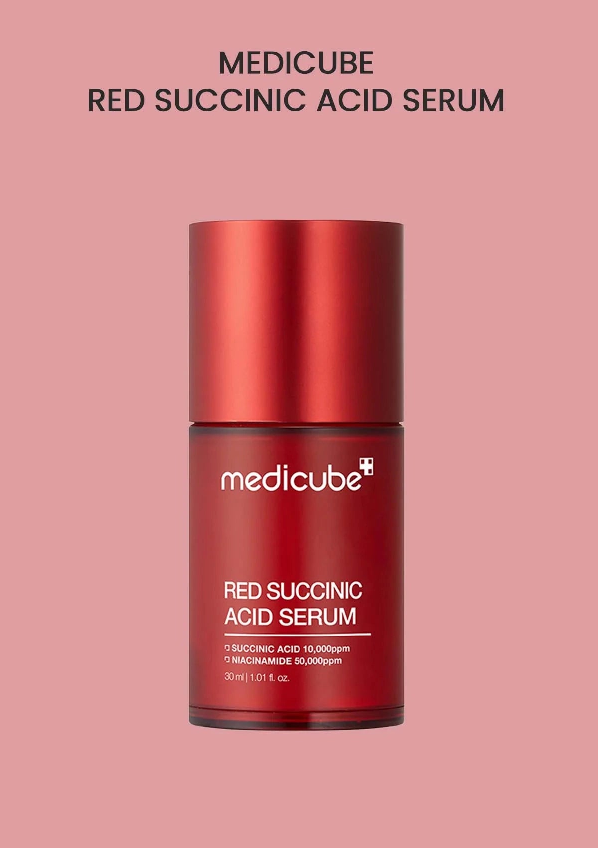 Red Succinic Acid Serum bottle with Medicube branding on a pink background