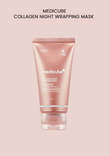 Medicube Collagen Night Wrapping Mask packaging on a pink background