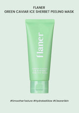 Green caviar ice sherbet peeling mask tube with 'flaner' branding on a light gray background.