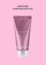 Medicube PDRN Booster Gel tube on a pink background