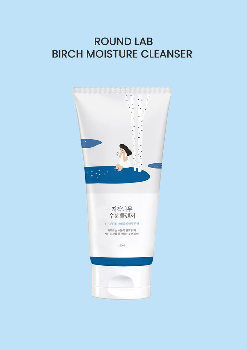 Round Lab Birch Moisture Cleanser tube on a light blue background