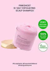 PinkGhost SI-Salt Exfoliating Scalp Shampoo jar on a pink background with product features highlighted.