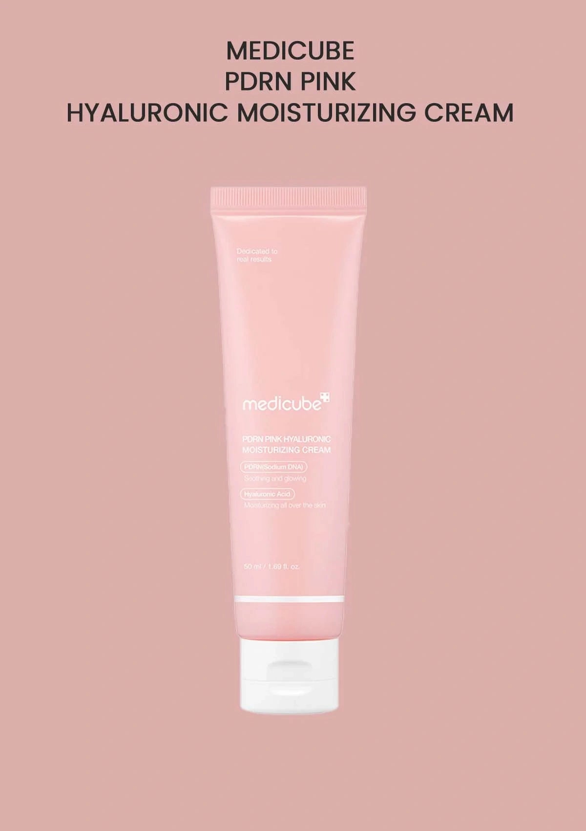Pink tube of Medicube PRDRN Pink Hyaluronic Moisturizing Cream on a pink background
