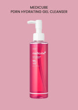 Medicube PDRN Hydrating Gel Cleanser bottle on a pink background