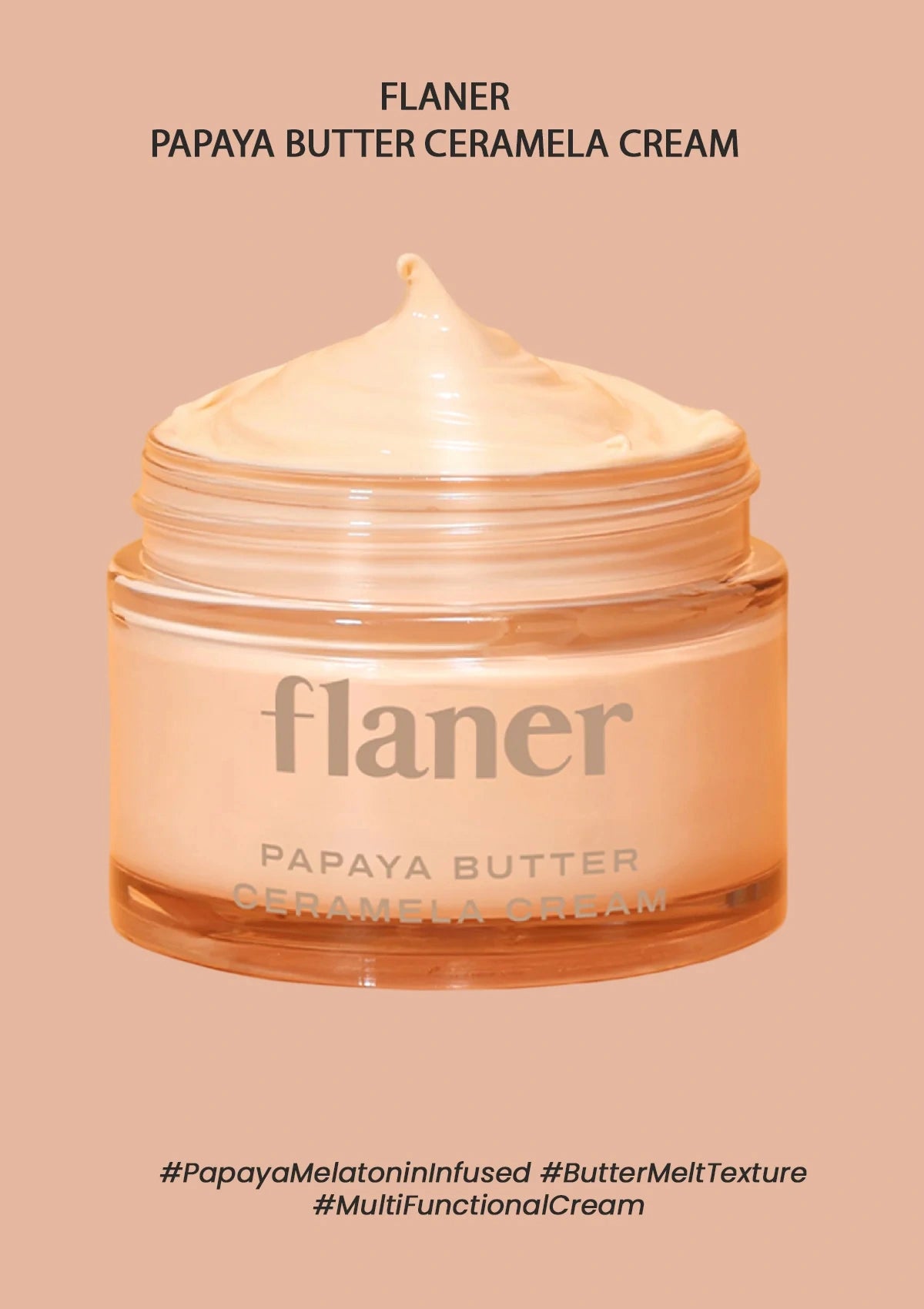 Jar of Flaner Papaya Butter Ceramela Cream on a beige background