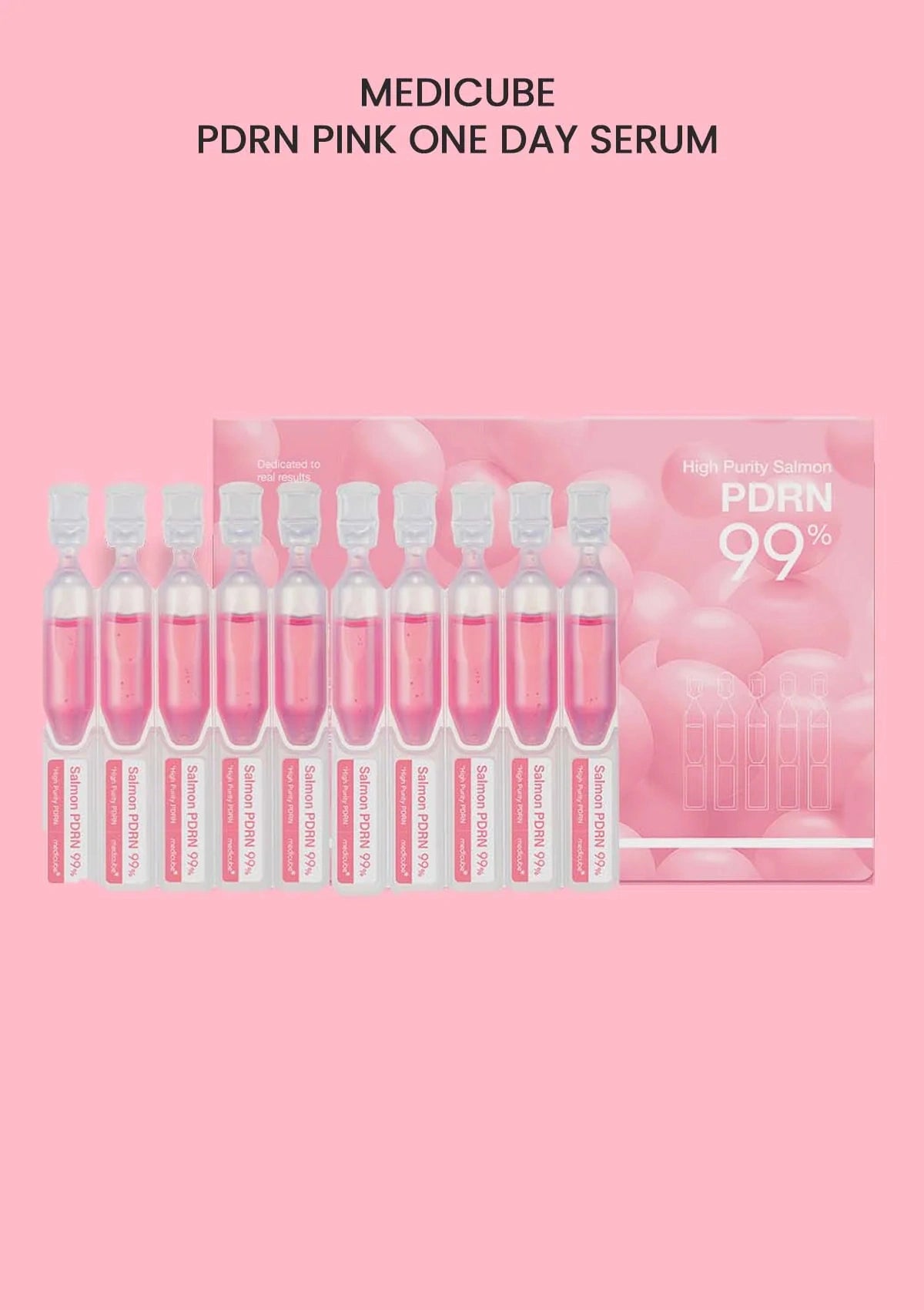 Medicube PDRN Pink One Day Serum packaging on a pink background