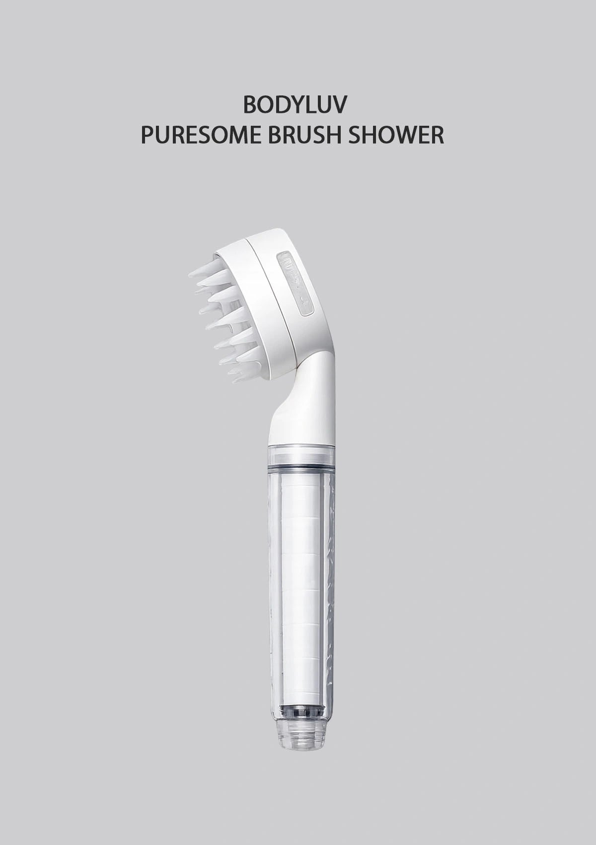 Bodyluv Puresome Brush Shower in white, featuring a flexible multi-bristle brush head and a clear water tank, shown against a solid gray background with product text above.