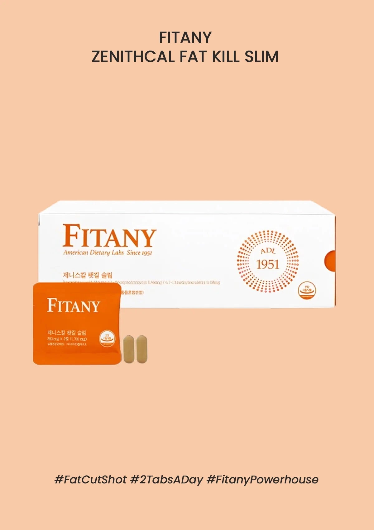 Fitany product packaging on a peach background with text and hashtags.