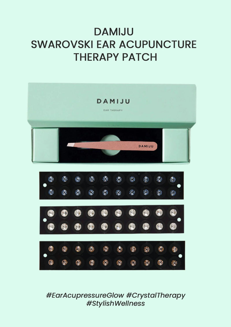 DAMIJu Swarovski ear acupuncture therapy patch packaging on a light green background