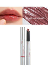 Velvety lipstick with close-up of lips and color swatch, labeled '#03 Mauve Rosy'.