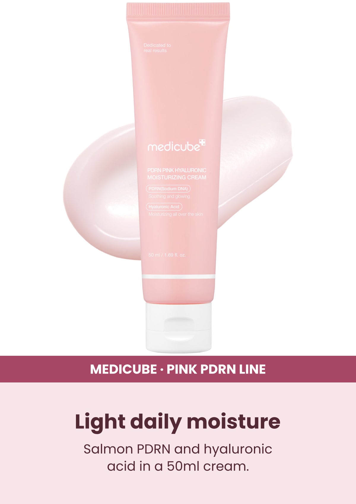 Medicube PDRN Pink Hyaluronic Moisturizing Cream — Light daily moisture. Salmon PDRN and hyaluronic acid in a 50ml cream.