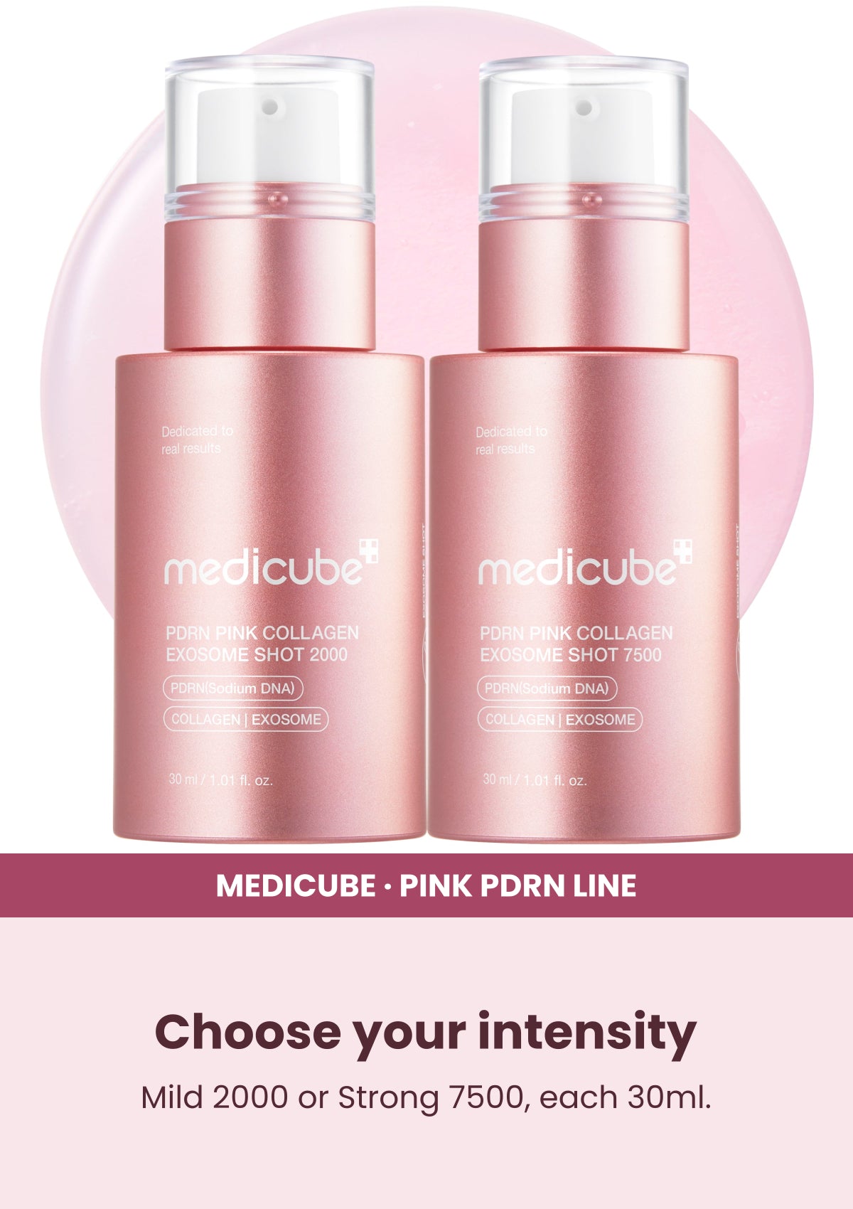 Medicube PDRN Pink Exosome Shot Serum — Choose your intensity. Mild 2000 or Strong 7500, each 30ml.