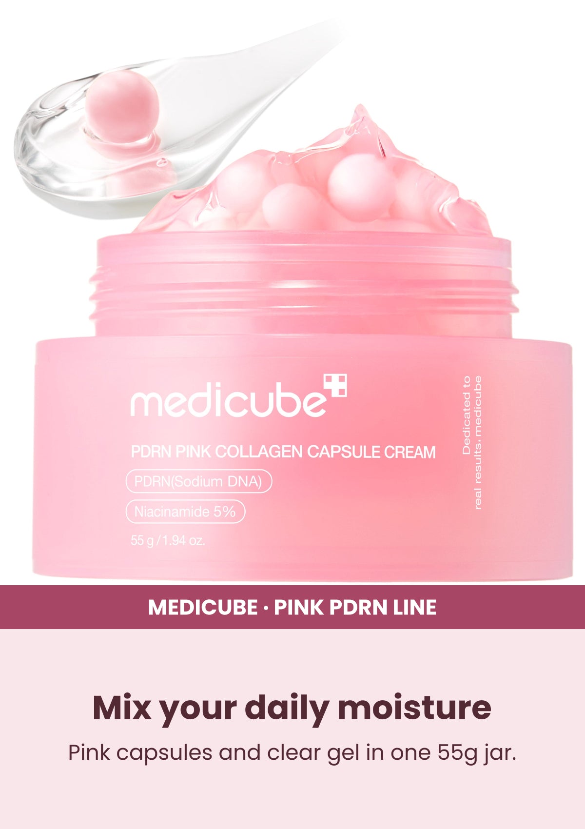 Medicube PDRN Pink Collagen Capsule Cream — Mix your daily moisture. Pink capsules and clear gel in one 55g jar.