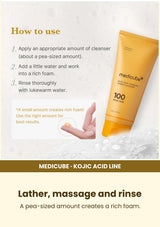 Medicube Kojic Acid Turmeric Toning Cleanser 120g — Lather, massage and rinse. A pea-sized amount creates a rich foam.