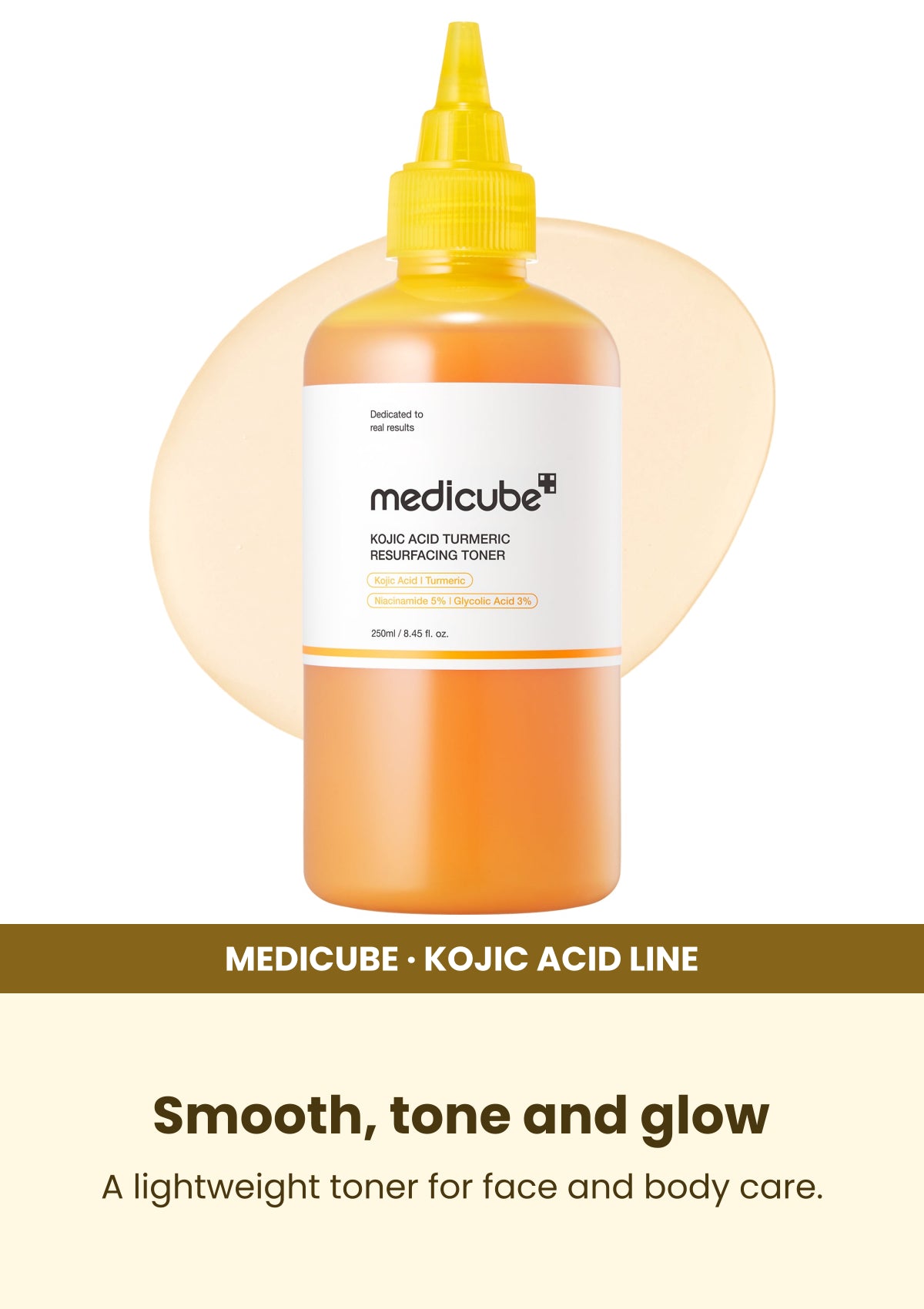 Medicube Kojic Acid Turmeric Toner 250ml — Smooth, tone and glow. A lightweight toner for face and body care.