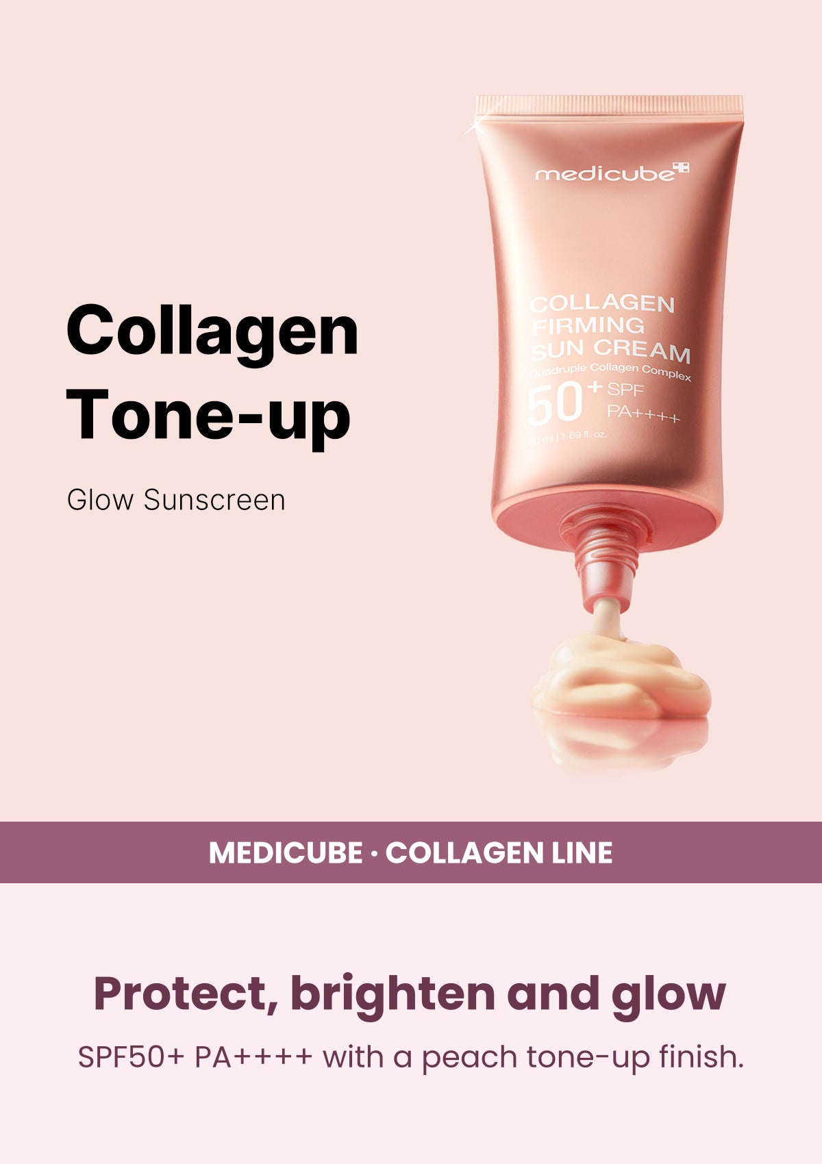 Medicube Collagen Firming Sun Cream SPF50+ 50ml — Protect, brighten and glow. SPF50+ PA++++ with a peach tone-up finish.