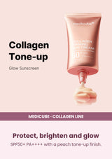 Medicube Collagen Firming Sun Cream SPF50+ 50ml — Protect, brighten and glow. SPF50+ PA++++ with a peach tone-up finish.