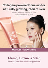 Medicube Collagen Firming Sun Cream SPF50+ 50ml — A fresh, luminous finish. Tone-up radiance with collagen care.