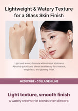 Medicube Collagen Firming Sun Cream SPF50+ 50ml — Light texture, smooth finish. A watery cream that blends over skincare.