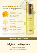 Medicube Kojic Acid Turmeric Jelly Mist 100ml — Brighten and hydrate. Vitamin C, turmeric, panthenol and squalane.