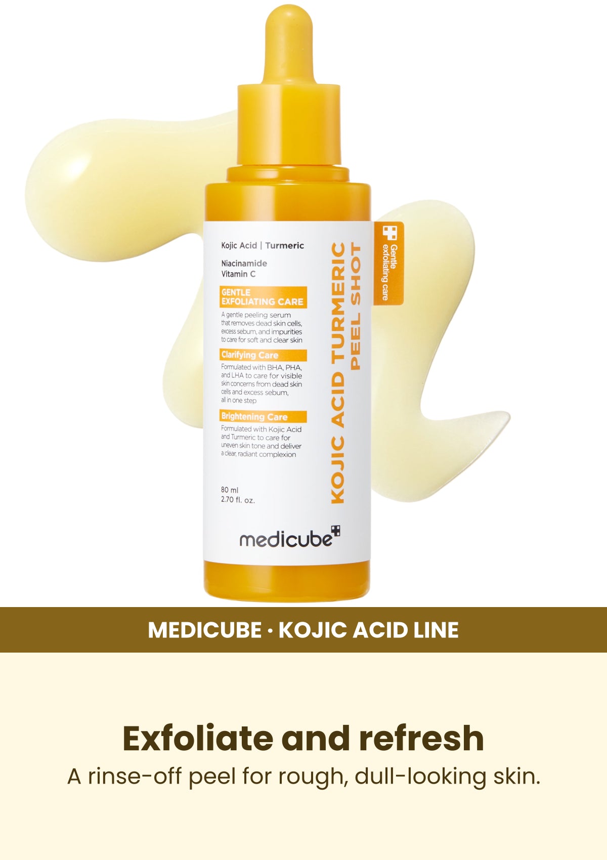 Medicube Kojic Acid Turmeric Peel Shot 80ml — Exfoliate and refresh. A rinse-off peel for rough, dull-looking skin.