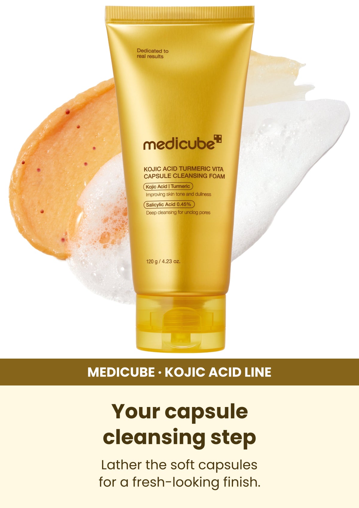 Medicube Kojic Acid Turmeric Capsule Cleanser 120g — Your capsule cleansing step. Lather the soft capsules for a fresh-looking finish.