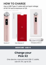 Medicube Charge your Pink X2. One device, manual and USB-C cable; use DC 5V, up to 2A.