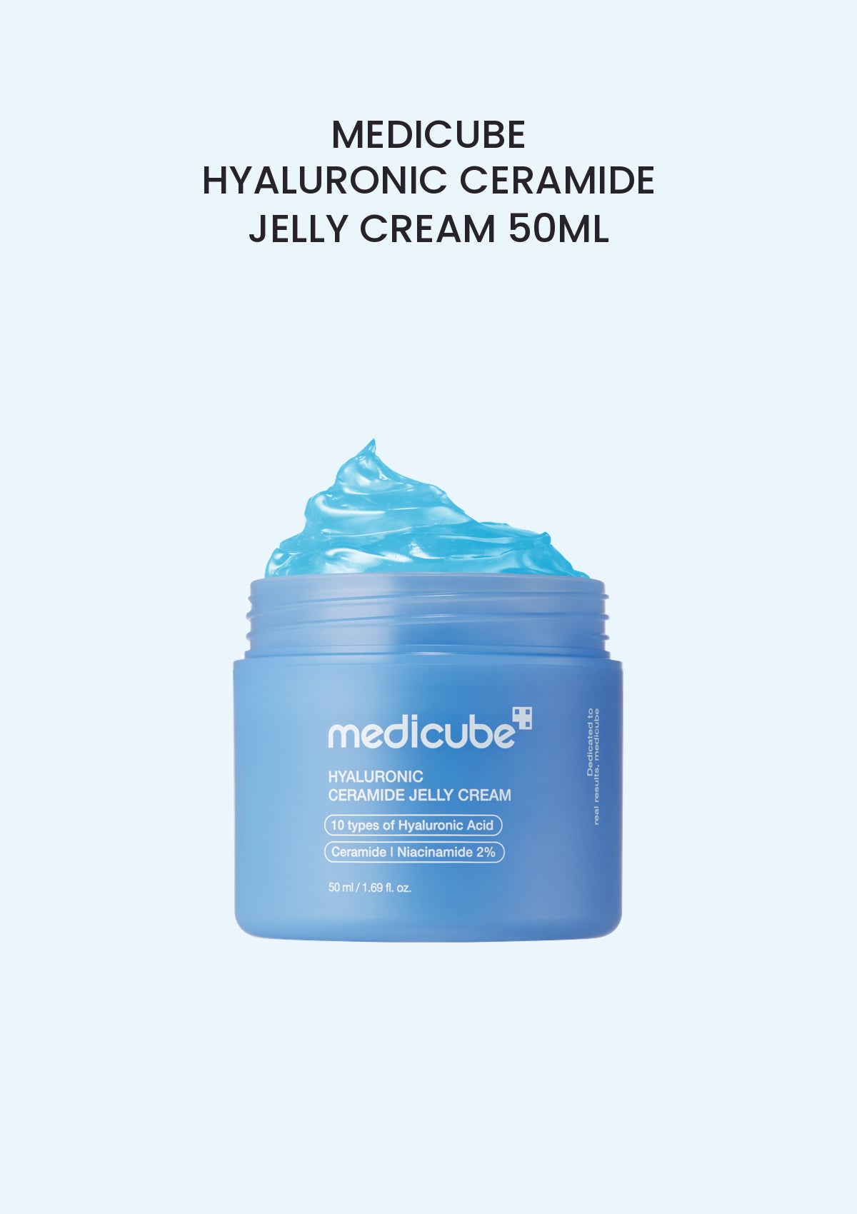Medicube Hyaluronic Ceramide Jelly Cream 50ml — blue jar on a pale blue background.
